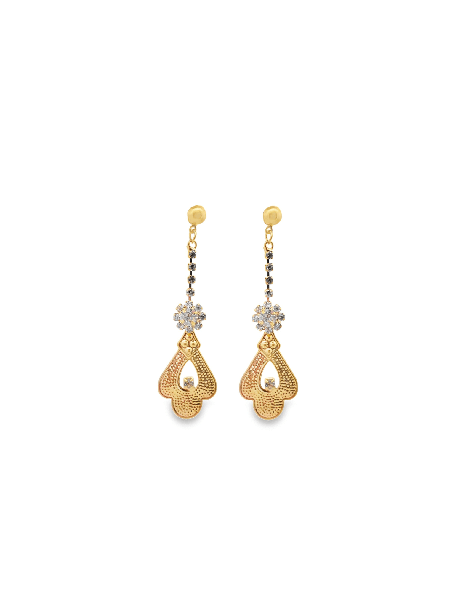 A pair of elegant gold dangle earrings featuring sparkling crystal flower accents and ornate teardrop charms is displayed against a clean white background.