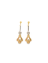A pair of elegant gold dangle earrings featuring sparkling crystal flower accents and ornate teardrop charms is displayed against a clean white background.