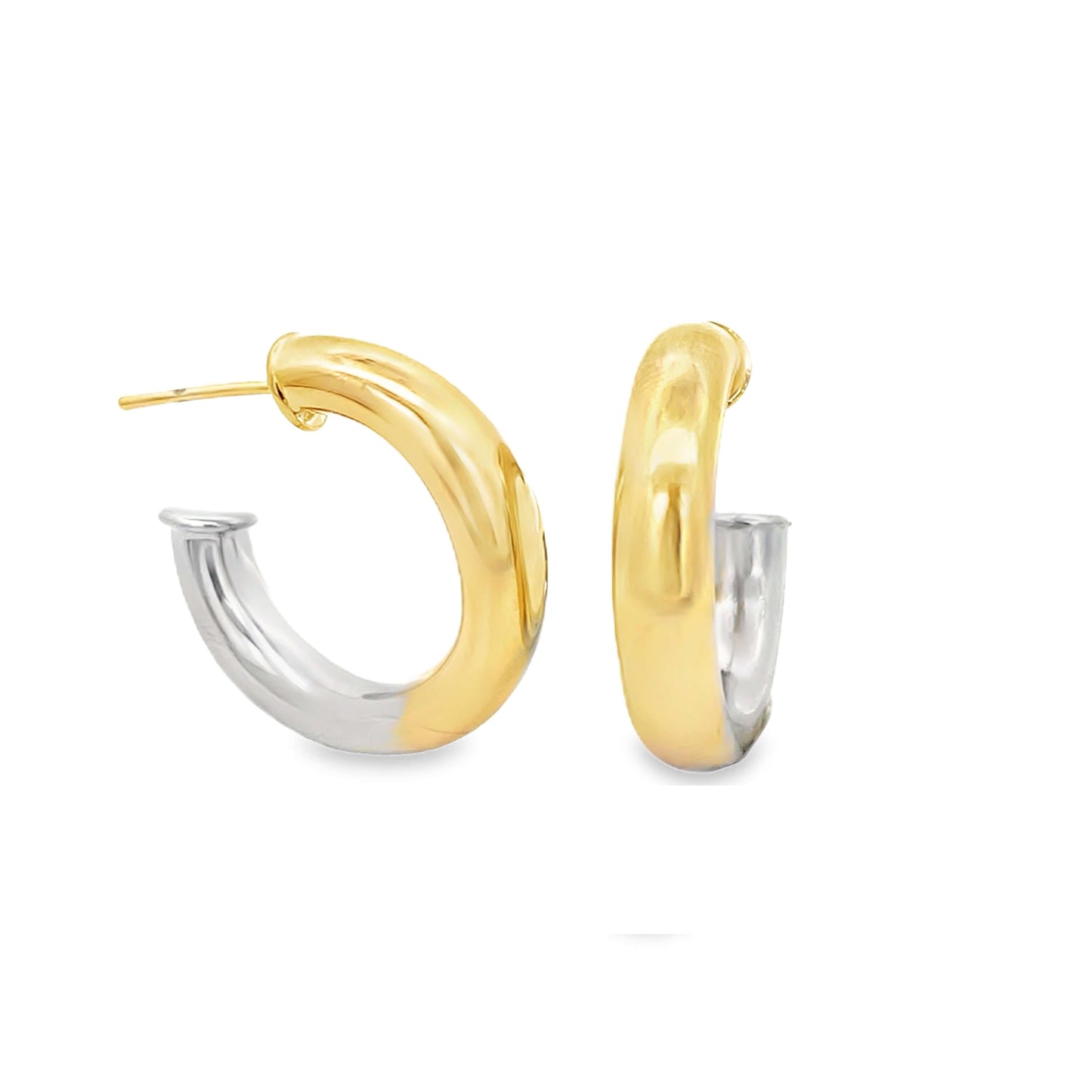Two-tone hoop earrings showcase polished yellow gold and sterling silver curved designs against a clean white background.