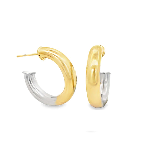 Two-tone hoop earrings showcase polished yellow gold and sterling silver curved designs against a clean white background.