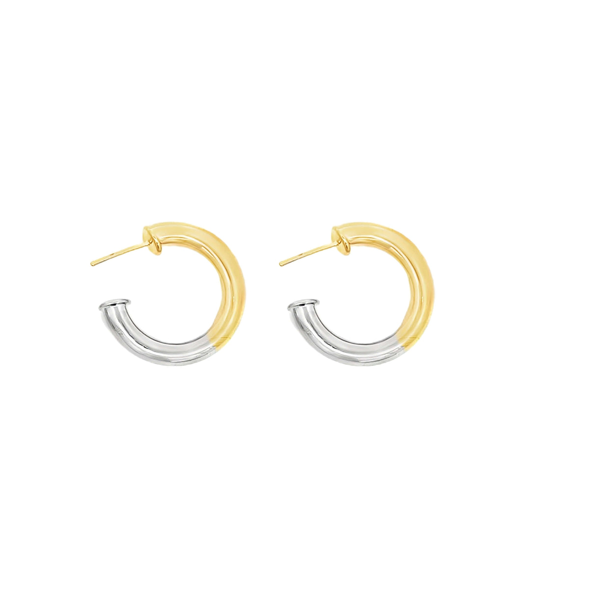 A pair of two-tone hoop earrings features a split design of polished gold and silver metal against a clean white background.