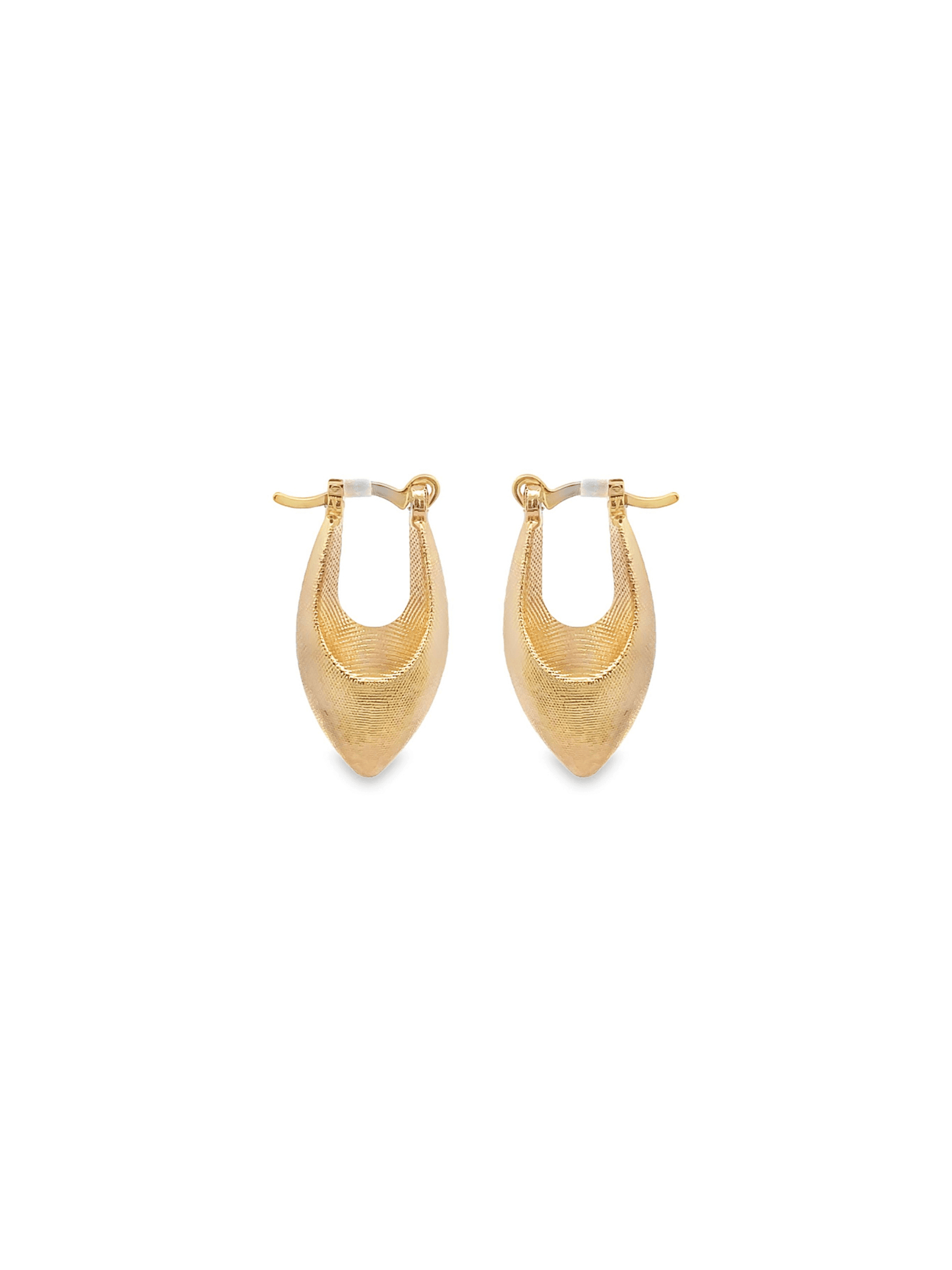 A pair of textured gold hoop earrings with pointed drops displayed against a clean white background.
