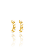 A pair of gold huggie earrings featuring alternating pearls and gold spheres displayed on a white reflective surface.