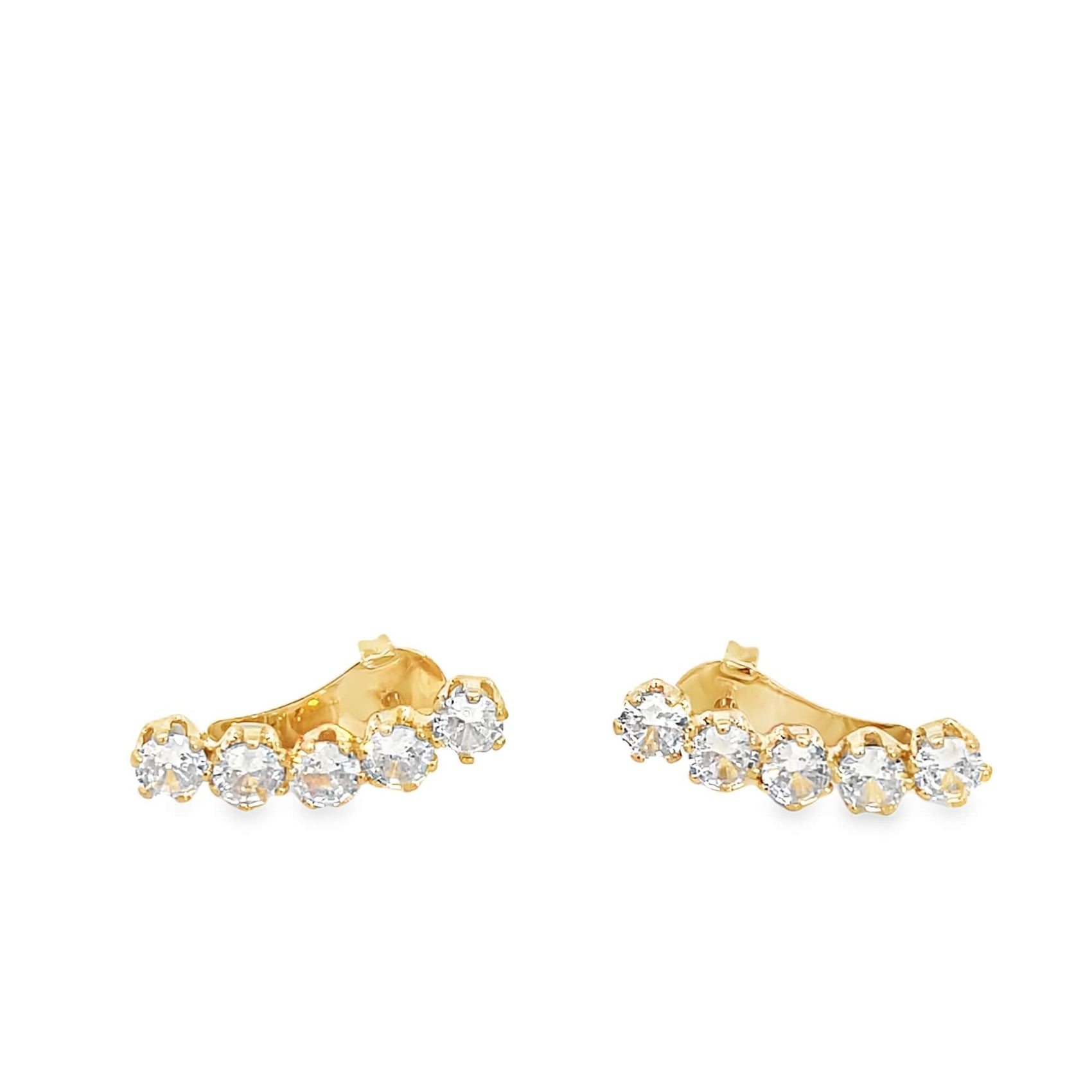 A pair of gold ear climber earrings features a sparkling row of five graduated cubic zirconia stones.