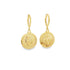 A pair of gold coin hoop earrings featuring an embossed profile portrait hang against a clean white background.