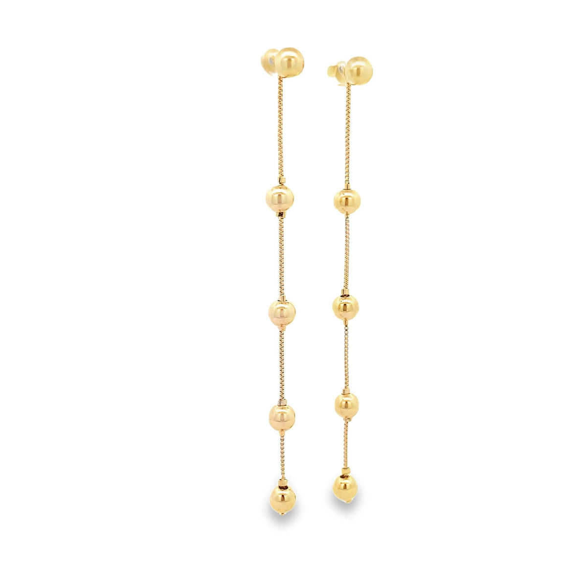 A pair of elegant 14k yellow gold drop earrings features dangling chains spaced with polished spherical beads.