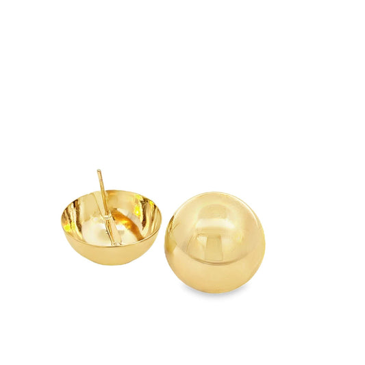 A pair of polished gold ball stud earrings rests against a clean white background, showcasing their reflective dome shape and secure post backing.