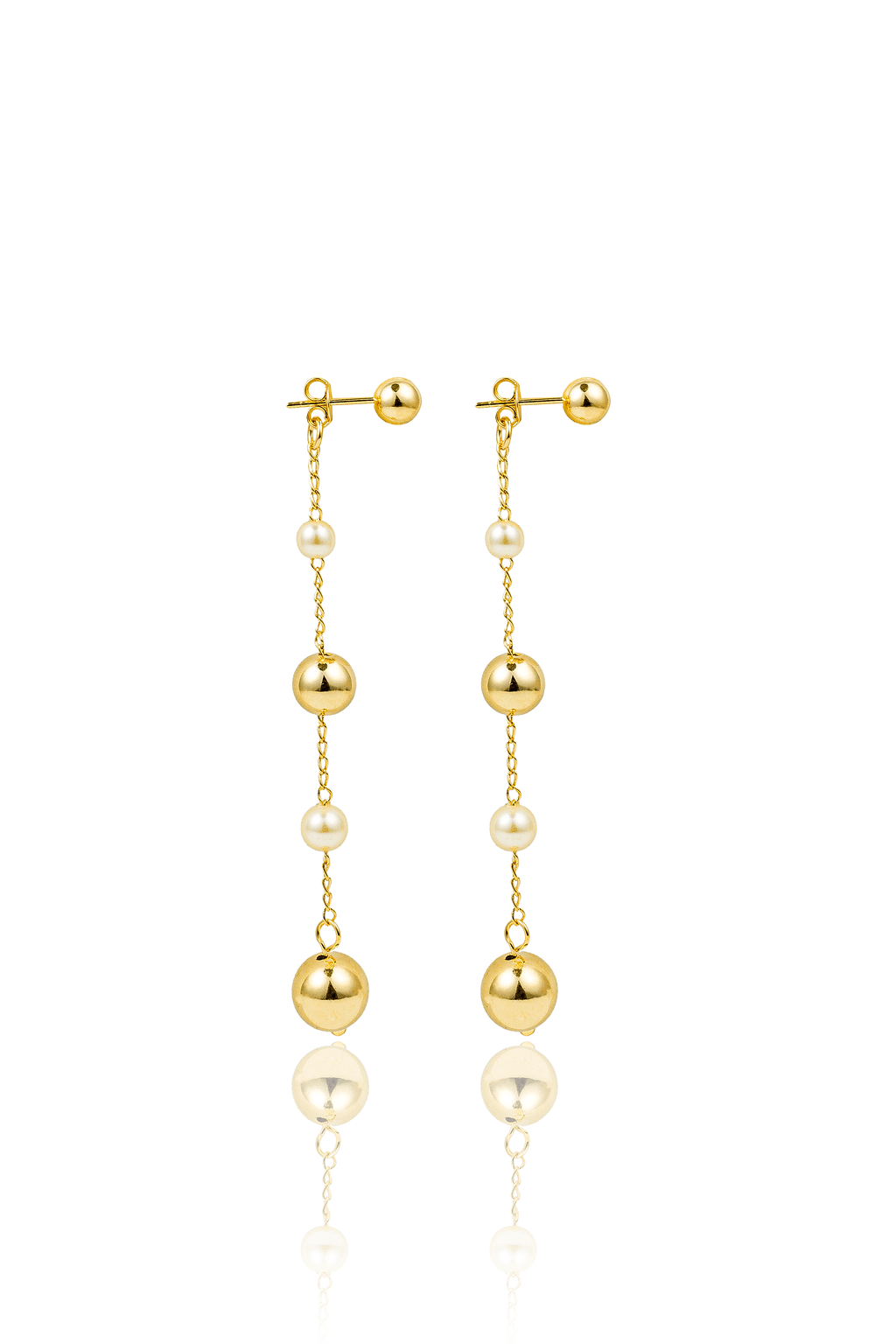A pair of elegant gold-plated drop earrings featuring alternating shiny metal spheres and delicate pearls dangle against a clean white background.