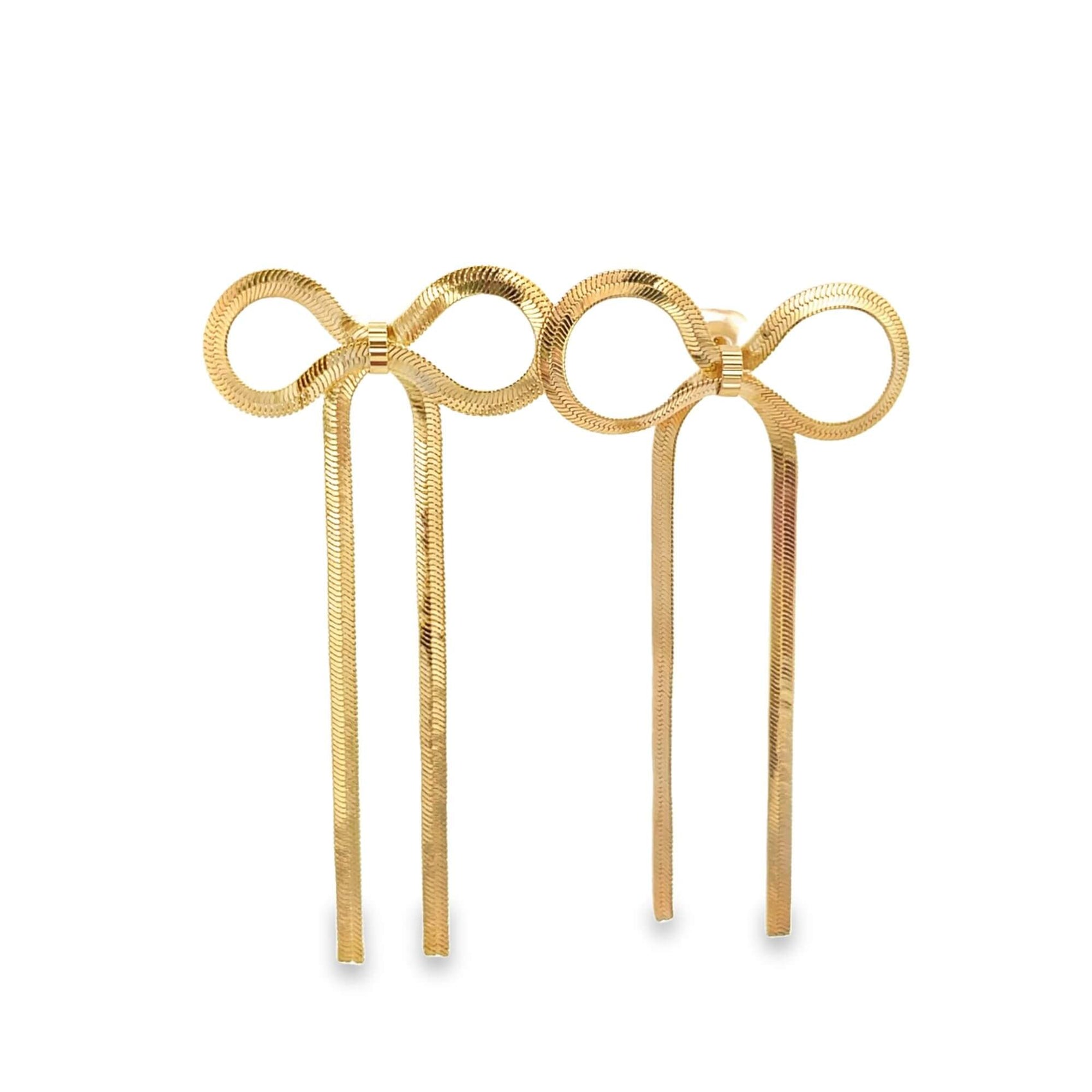 A pair of elegant gold bow earrings featuring long, dangling herringbone chains against a clean white background.