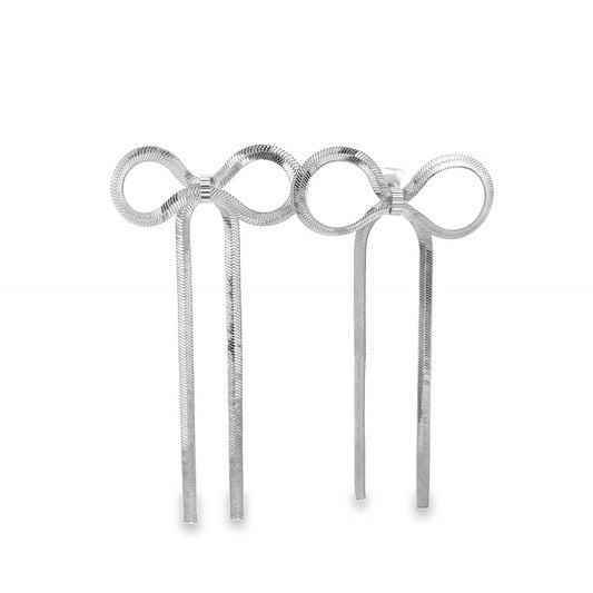 A pair of elegant silver bow earrings features shimmering herringbone chains cascading down from delicate loops against a clean white background.