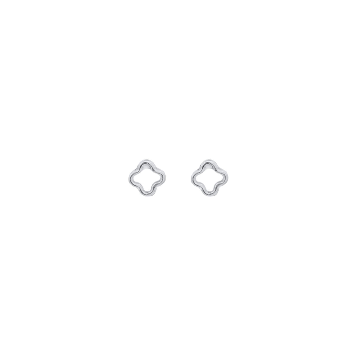 A pair of silver clover-shaped stud earrings rests against a clean white background.