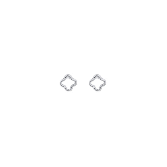 A pair of silver clover-shaped stud earrings rests against a clean white background.