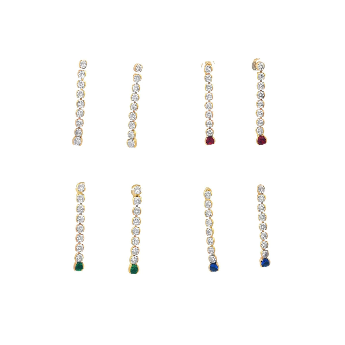 Four pairs of gold diamond dangle earrings display vertical rows of sparkling stones featuring ruby, emerald, and sapphire accents against a clean white background.