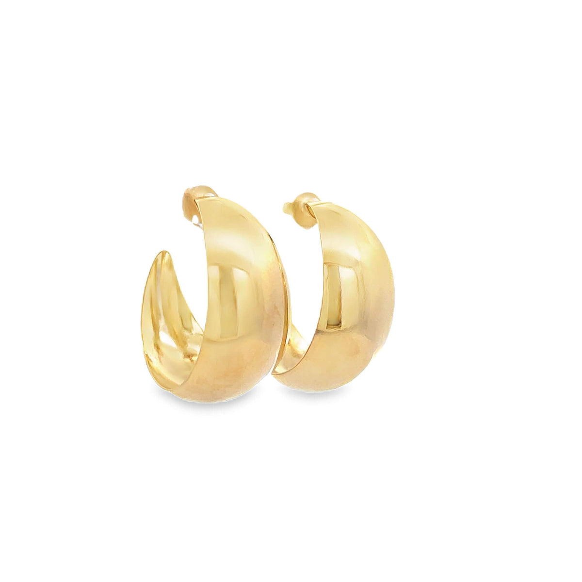 A pair of polished thick gold hoop earrings displays a sleek, modern design against a plain white background.