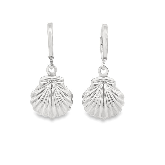 A pair of polished silver seashell charm hoop earrings sparkles against a clean white background.