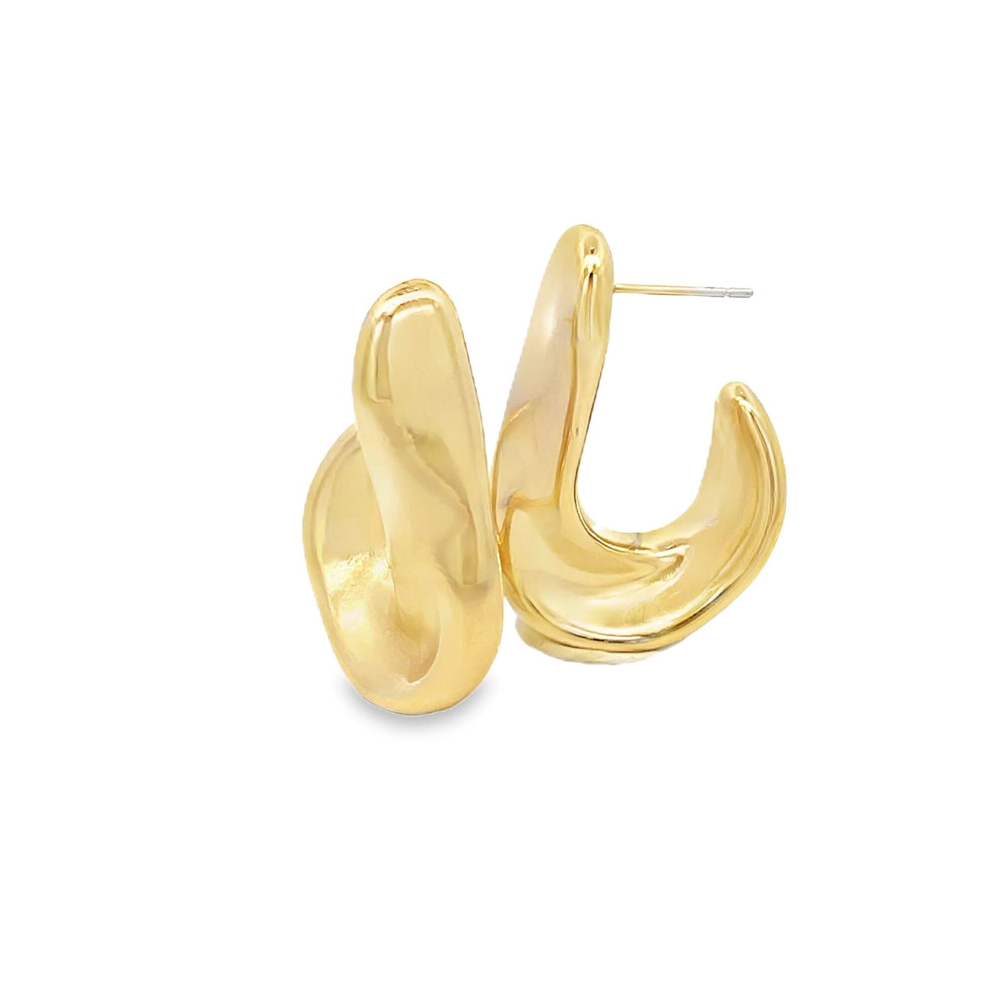 A pair of chunky, abstract gold hoop earrings gleams against a plain white background.