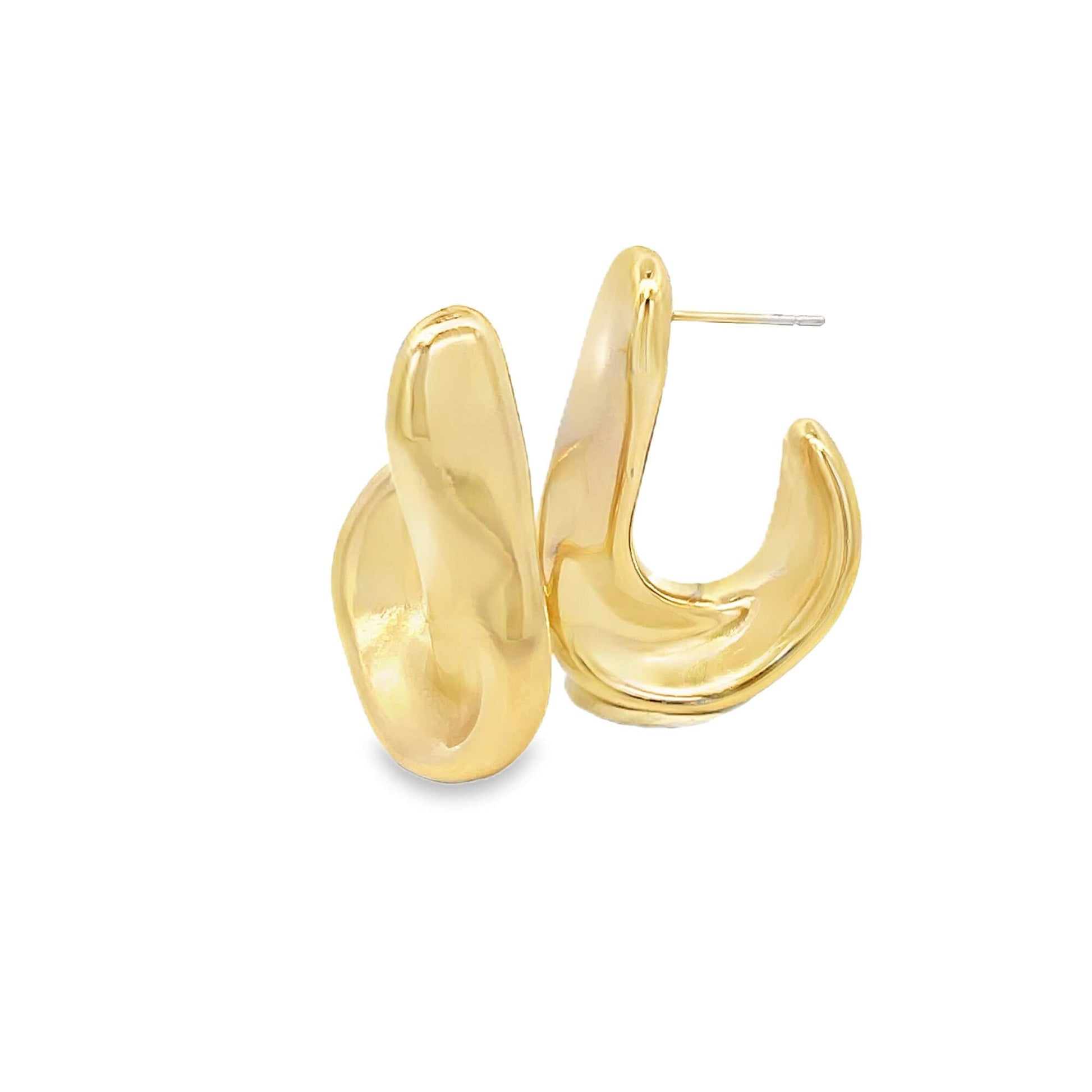 A pair of chunky, abstract gold hoop earrings gleams against a plain white background.