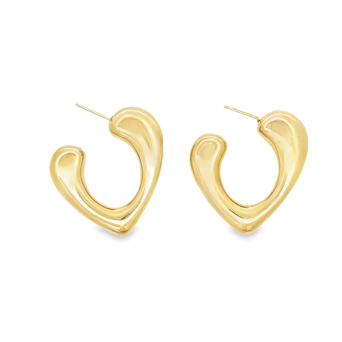 A pair of chunky gold heart-shaped hoop earrings rests against a clean white background.