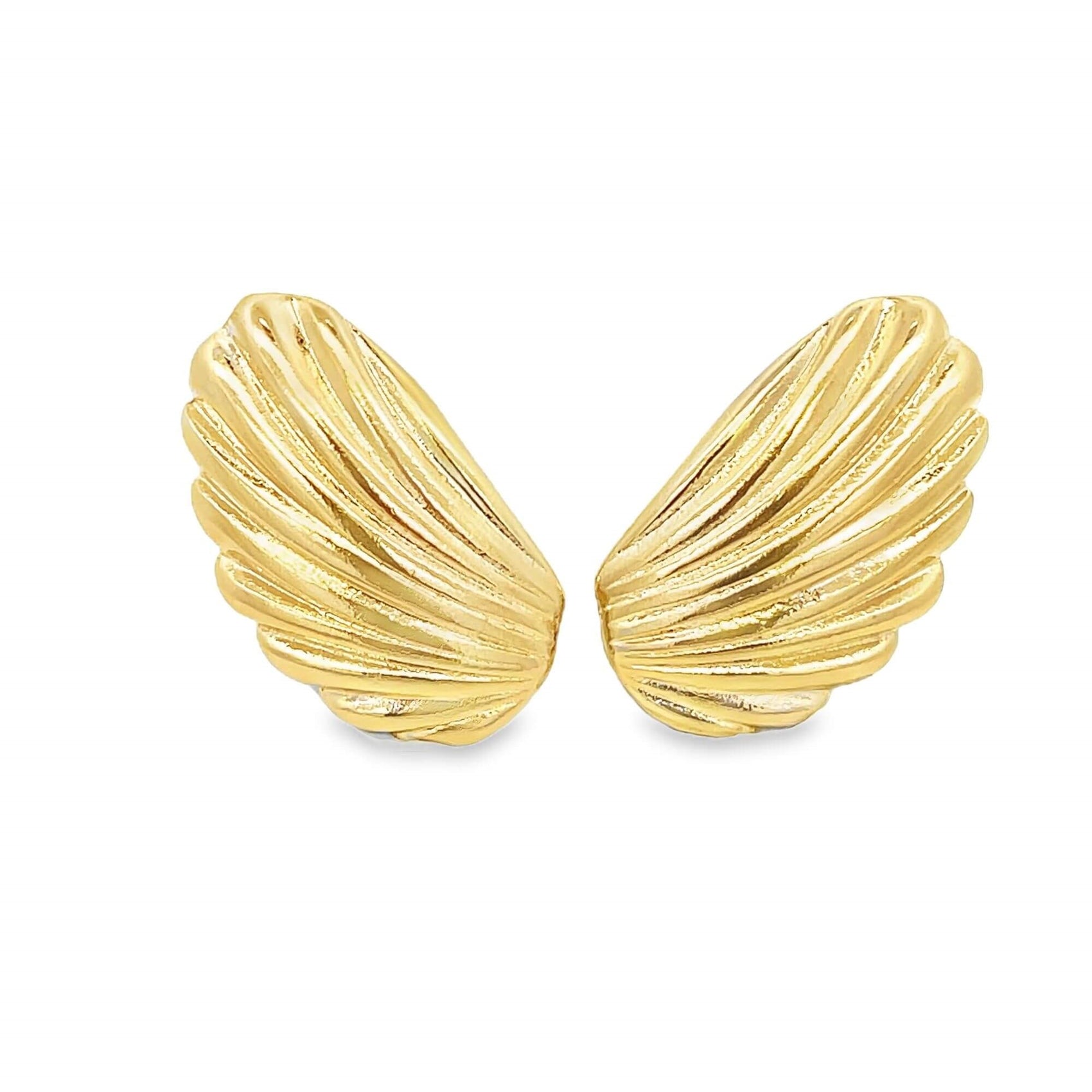 A pair of gleaming gold angel wing stud earrings rests against a clean white background.