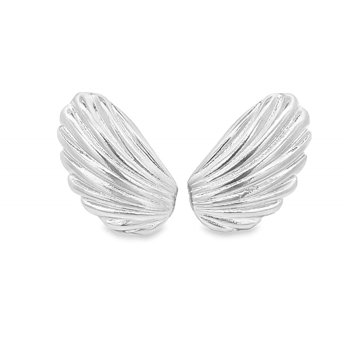 A pair of detailed sterling silver wing stud earrings gleams against a white background.