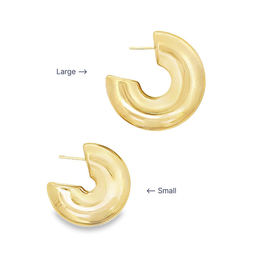 Two gold chunky hoop earrings are displayed with labels indicating large and small sizes.