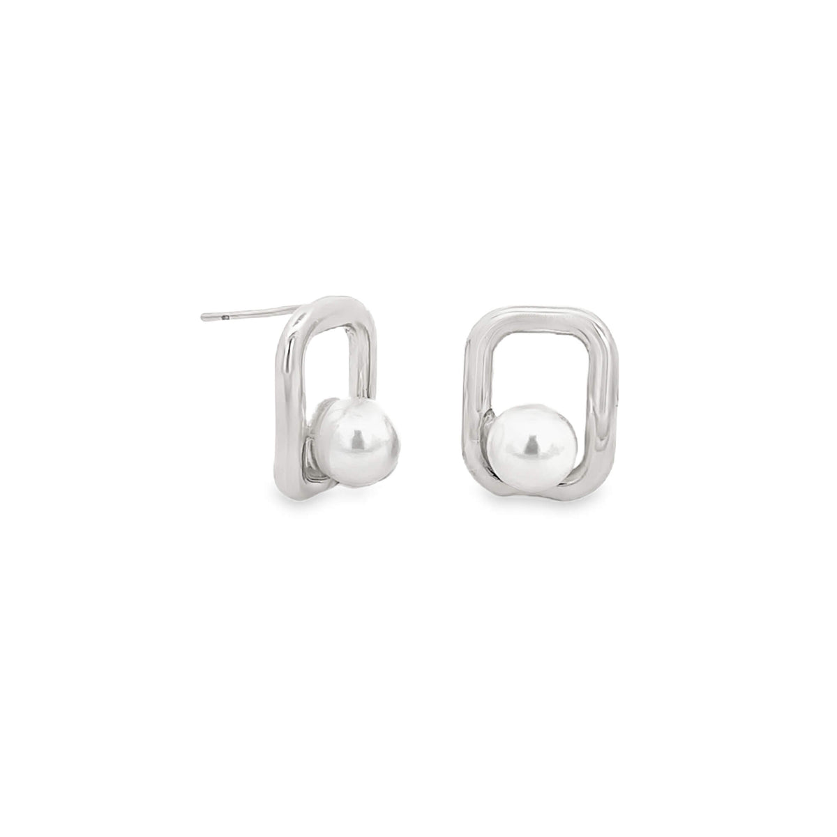 A pair of modern silver geometric stud earrings featuring sleek rectangular loops cradling lustrous white pearls.