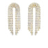 A pair of U-shaped gold rhinestone fringe earrings sparkle against a clean white background.