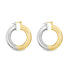 A pair of chunky two-tone hoop earrings displays a seamless blend of yellow gold and white silver against a clean white background.