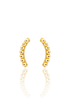 A pair of curved gold bead stud earrings is displayed against a clean white background with a soft reflection underneath.