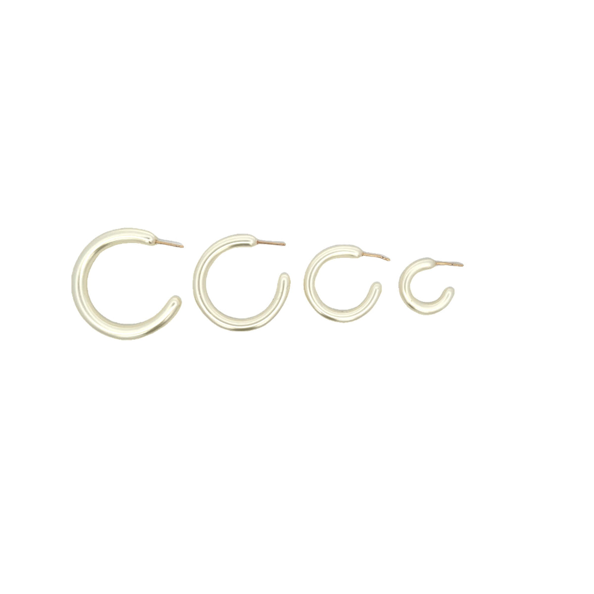 Four gold hoop earrings display in a row, arranged by size from largest to smallest.