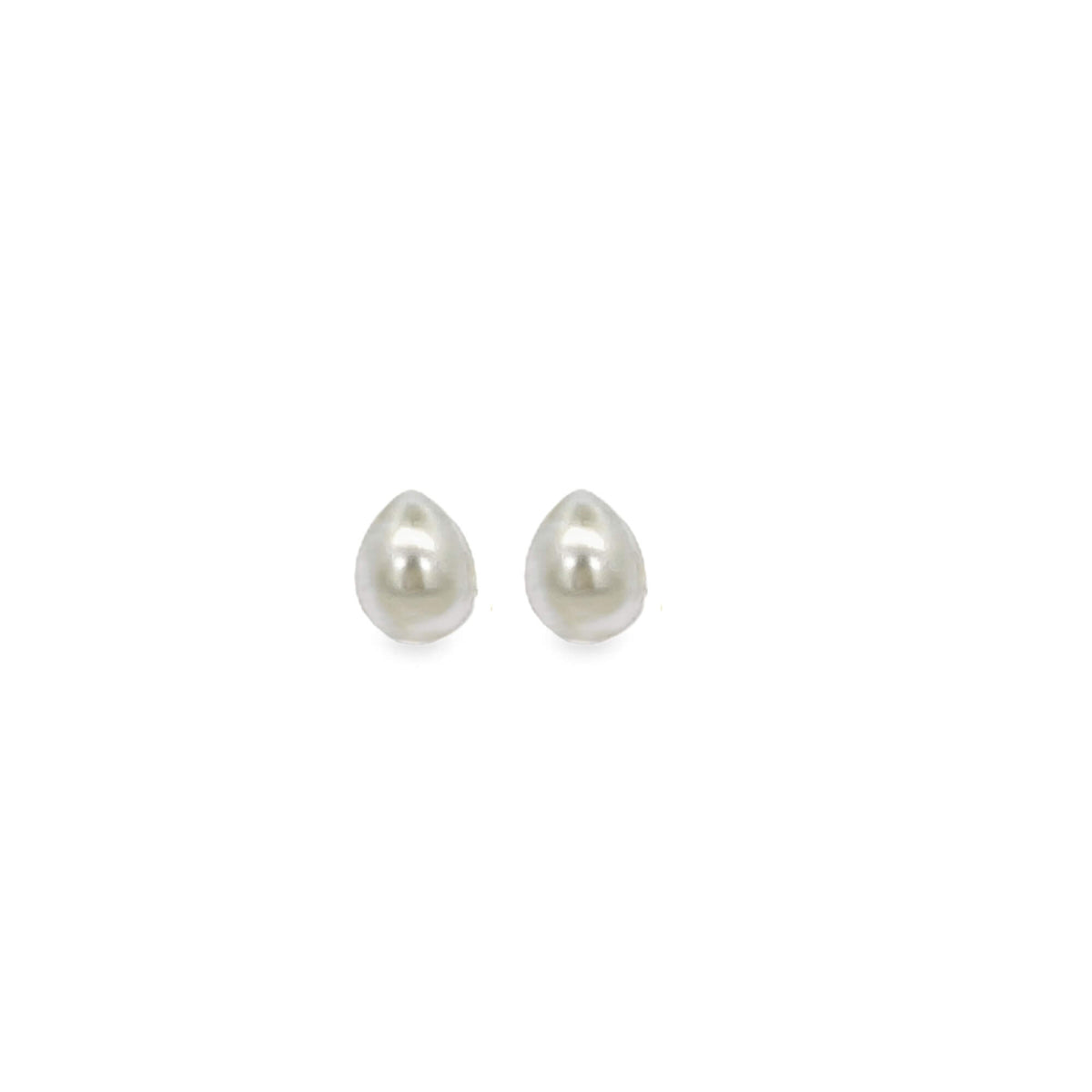 A pair of elegant teardrop-shaped white pearl stud earrings rests against a clean white background.