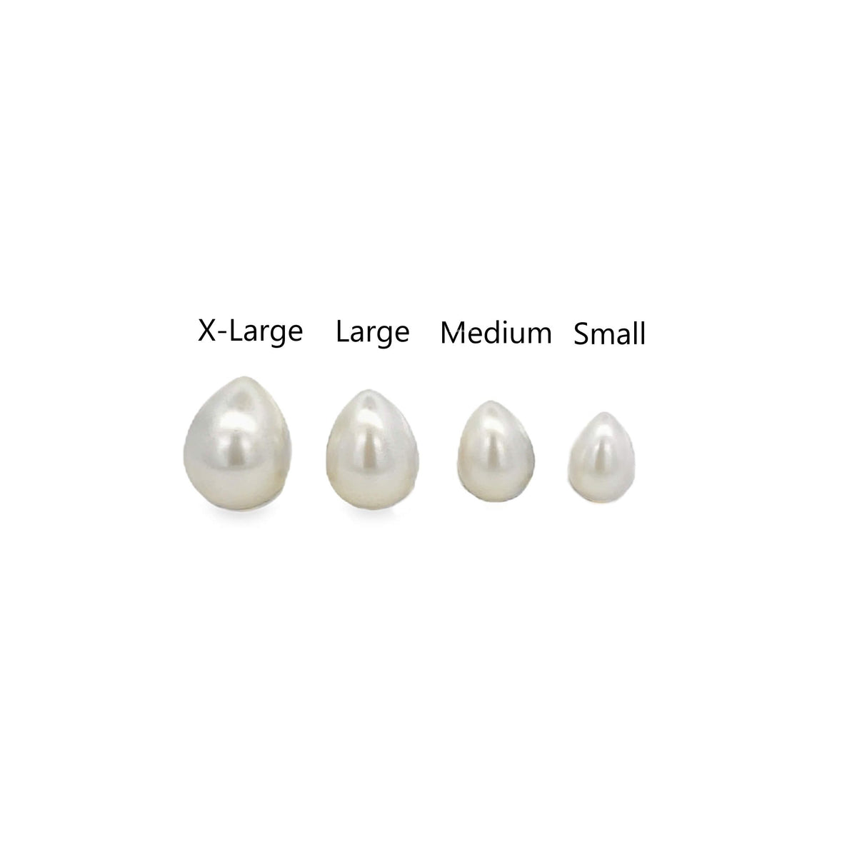 Four teardrop-shaped white pearls display graduating sizes labeled X-Large, Large, Medium, and Small against a clean white background.