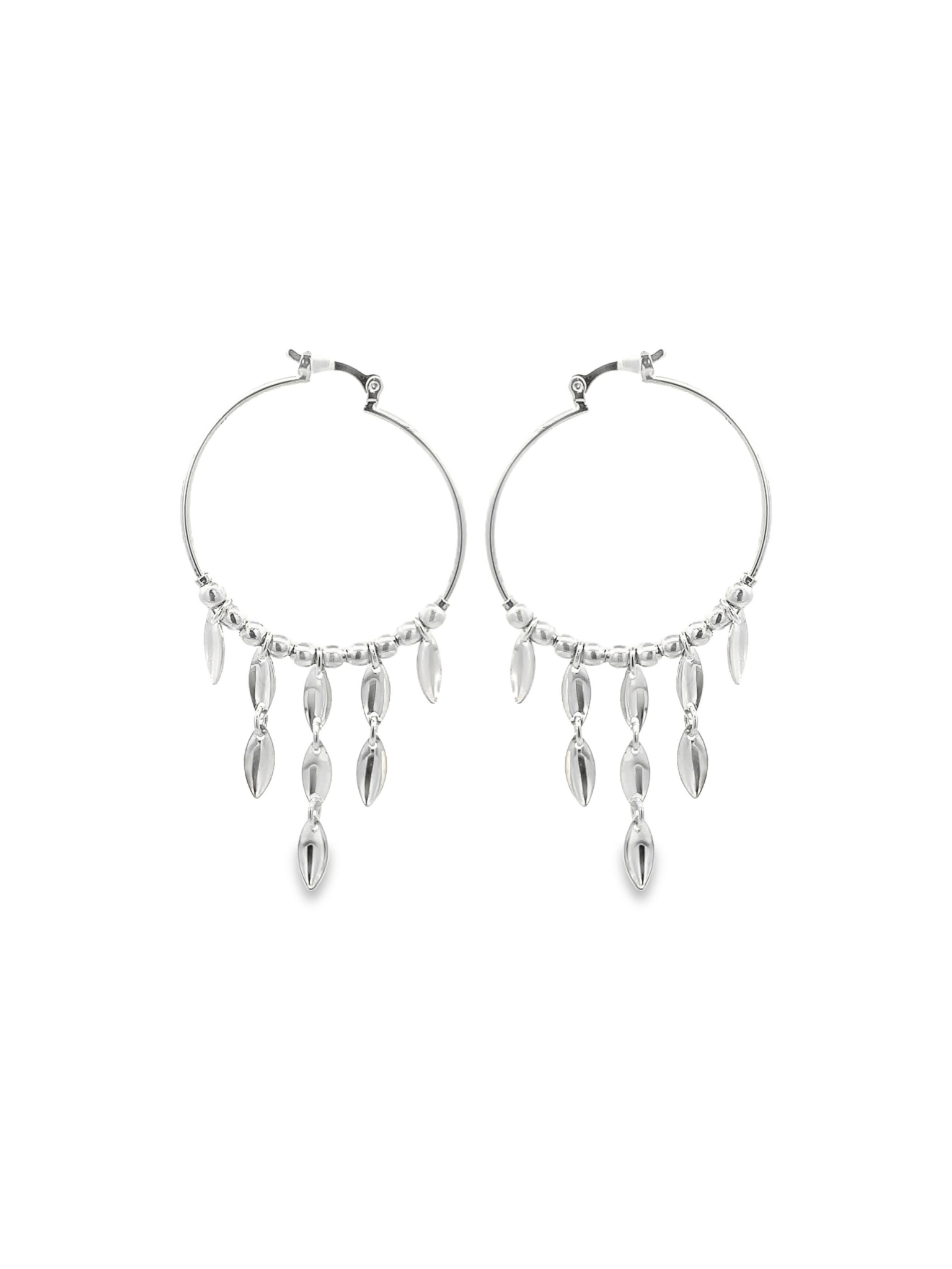 A pair of silver hoop earrings adorned with beaded details and dangling leaf charms hangs against a clean white background.