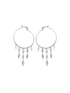 A pair of silver hoop earrings adorned with beaded details and dangling leaf charms hangs against a clean white background.
