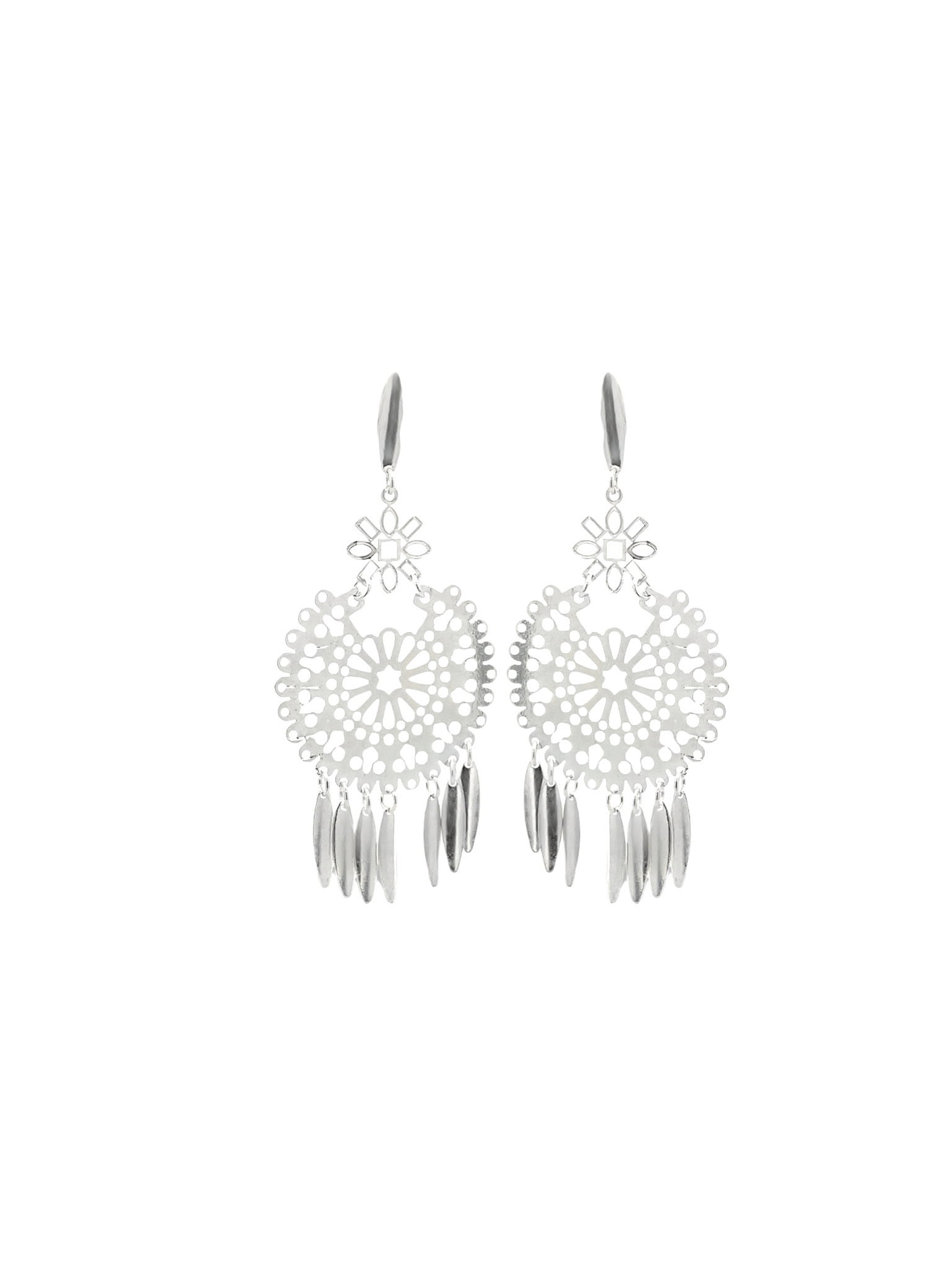 A pair of ornate silver filigree drop earrings features intricate circular designs and dangling leaf-shaped charms against a plain white background.