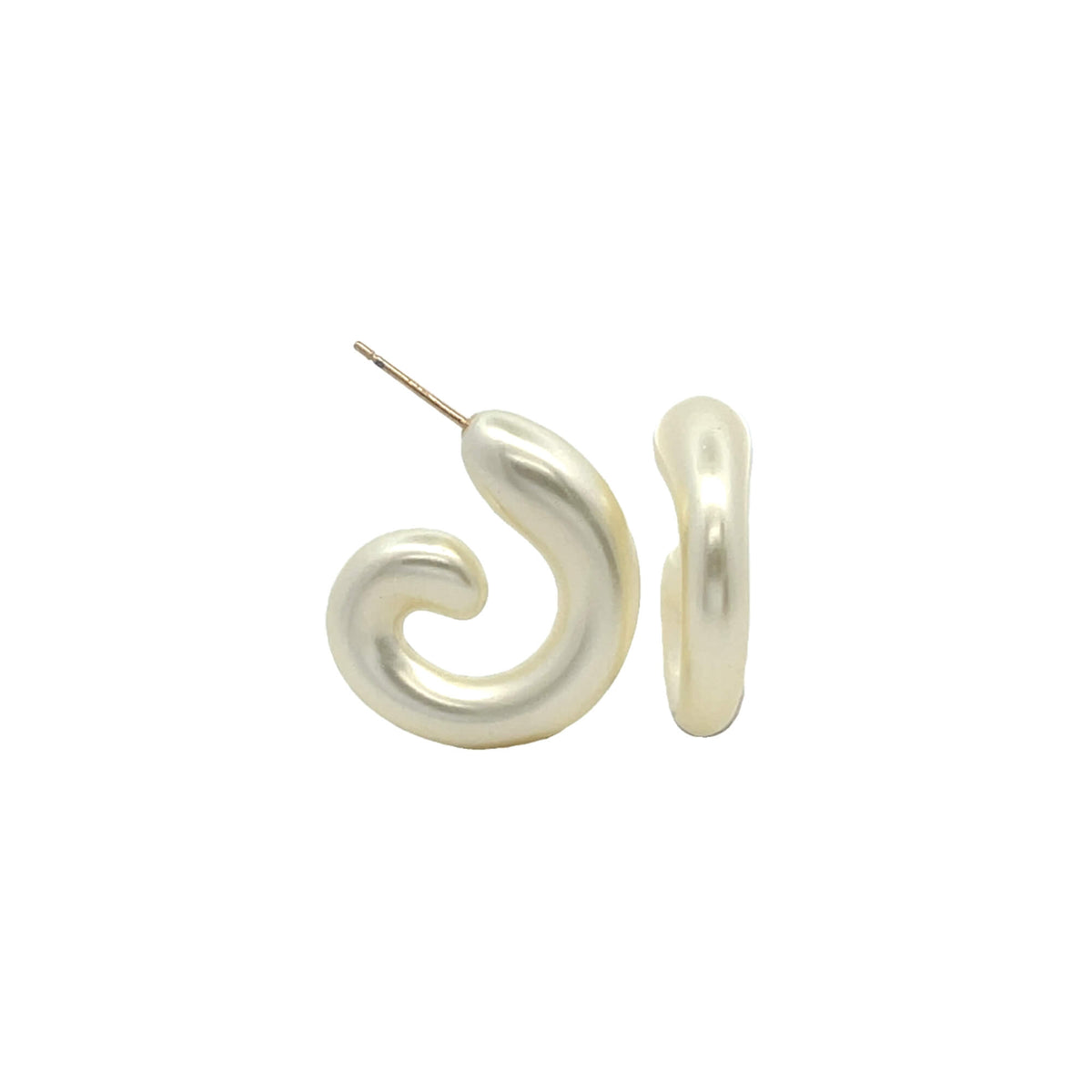 A pair of glossy, cream-colored swirl hoop earrings rests against a plain white background.