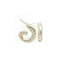 A pair of glossy, cream-colored swirl hoop earrings rests against a plain white background.