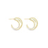 A pair of thick, crescent-shaped gold hoop earrings rests against a clean white background.