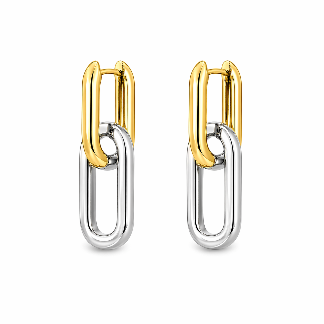 Modern 18K gold filled paperclip link earrings with a stylish two-tone finish. Tarnish-resistant, lightweight and perfect for everyday wear.