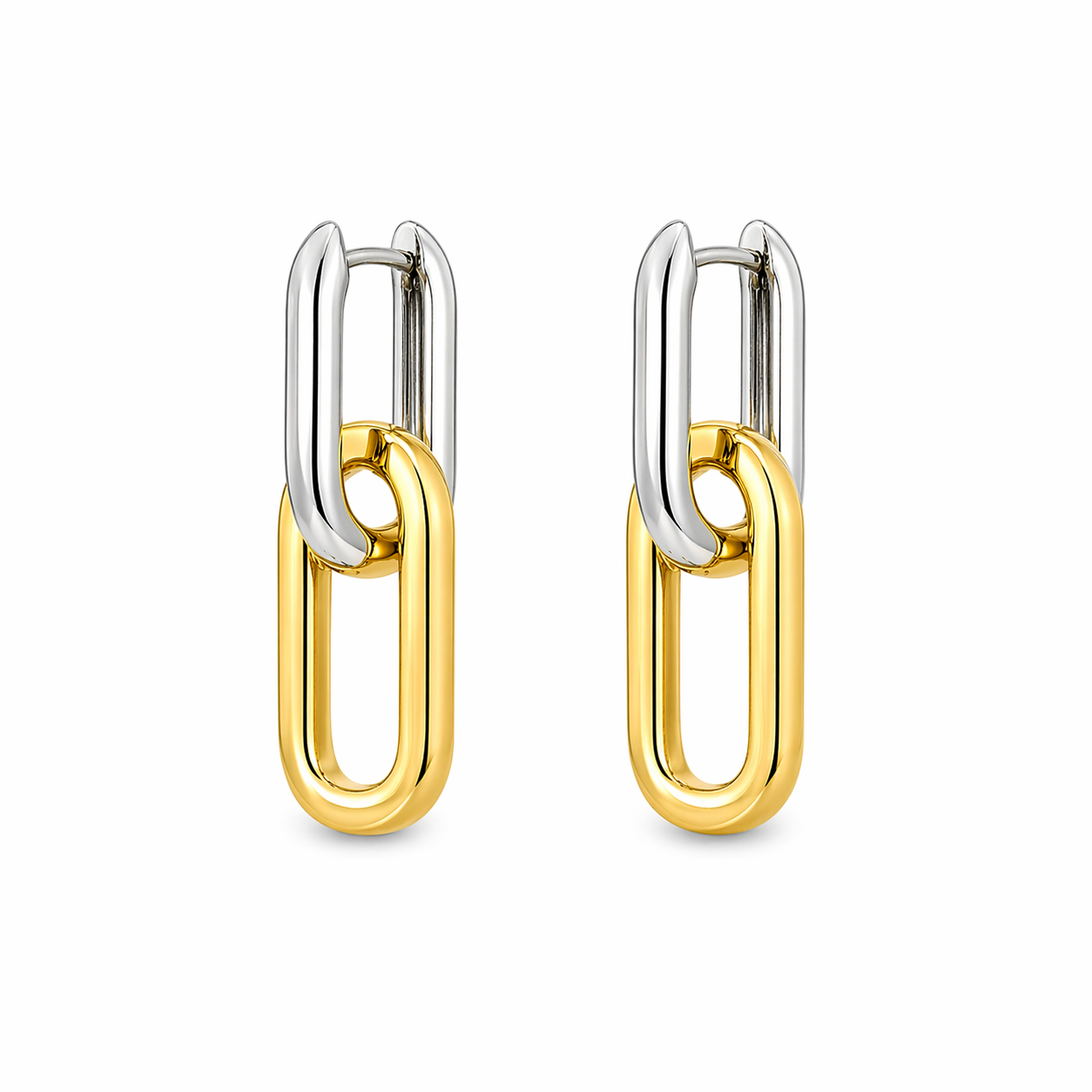 Modern 18K gold filled paperclip link earrings with a stylish two-tone finish. Tarnish-resistant, lightweight and perfect for everyday wear.