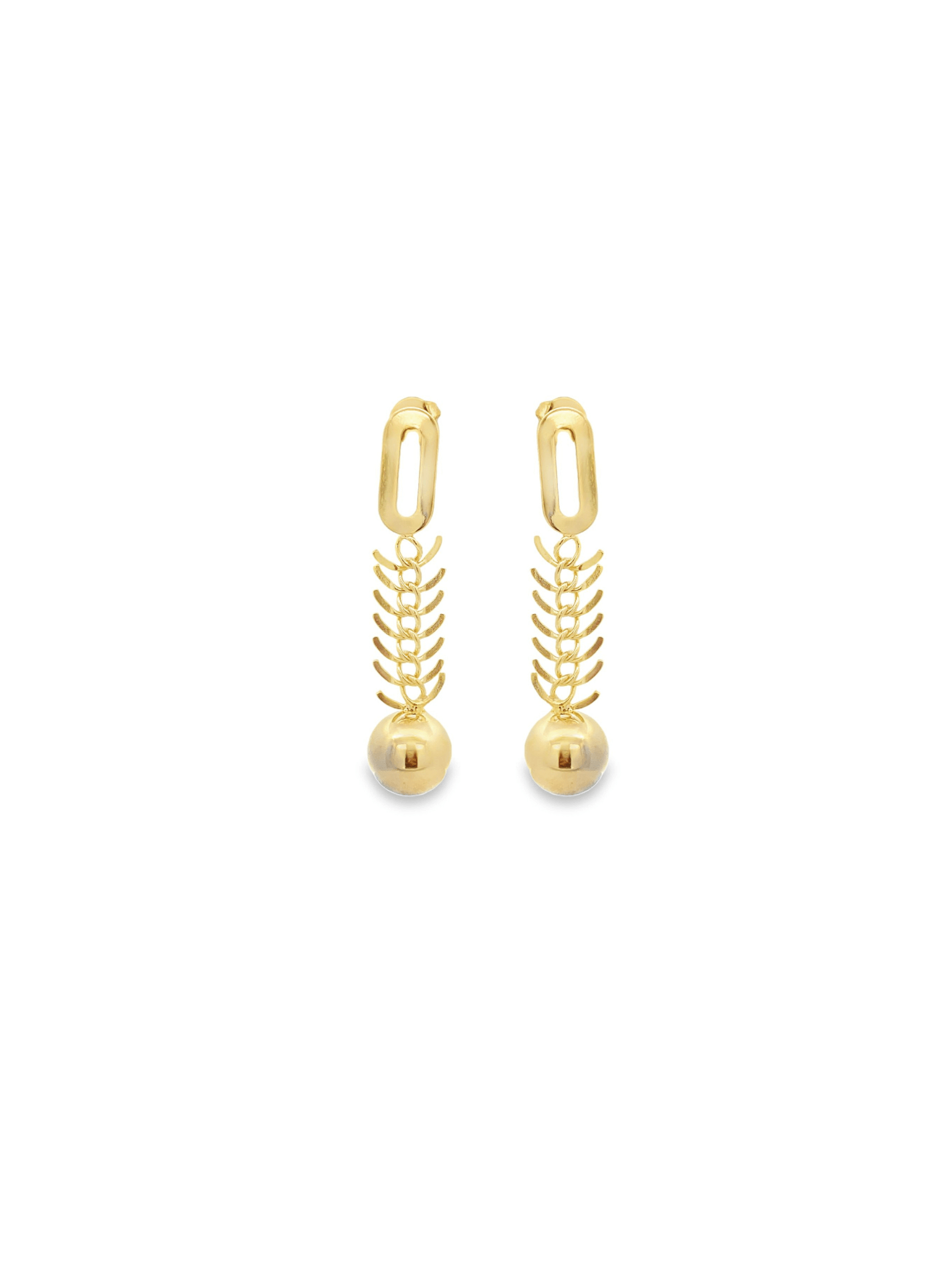 A pair of gold drop earrings features an intricate chain link design ending in a smooth sphere against a clean white background.