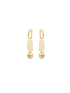 A pair of gold drop earrings features an intricate chain link design ending in a smooth sphere against a clean white background.