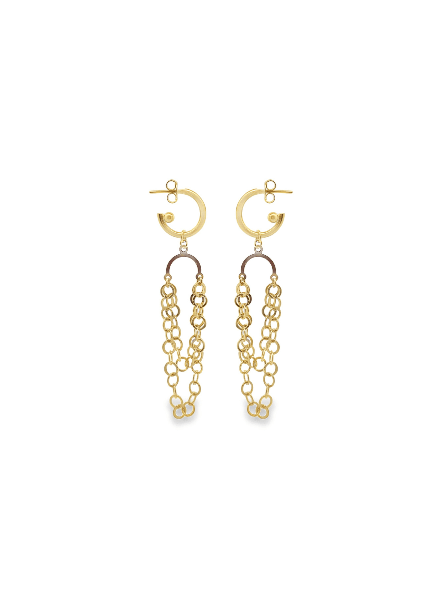 A pair of elegant gold hoop earrings features dangling, multi-strand chains against a clean white background.
