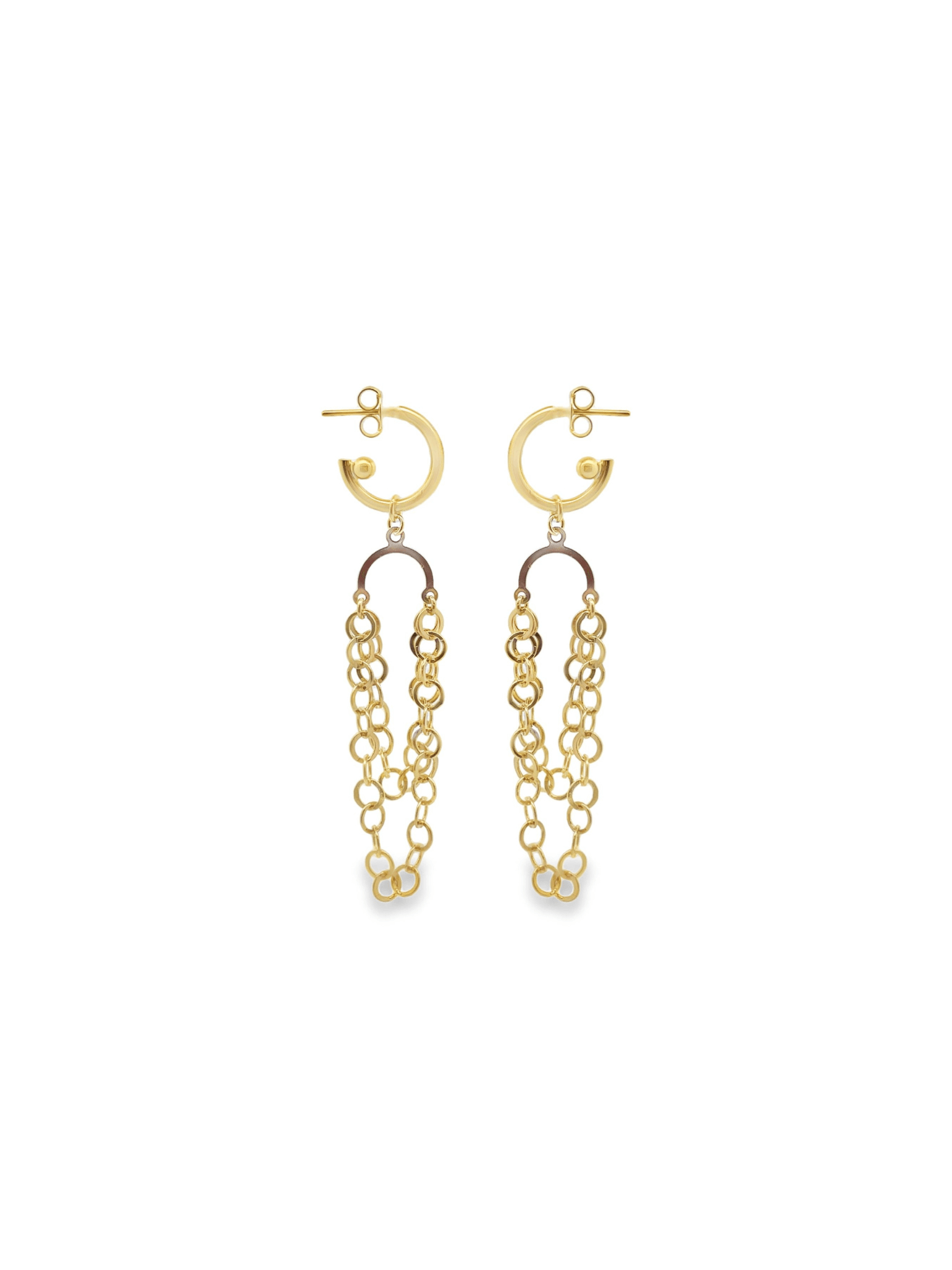 A pair of elegant gold hoop earrings features dangling, multi-strand chains against a clean white background.