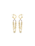 A pair of elegant gold hoop earrings features dangling, multi-strand chains against a clean white background.