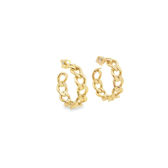 A pair of gleaming gold chain-link hoop earrings rests against a clean white background.