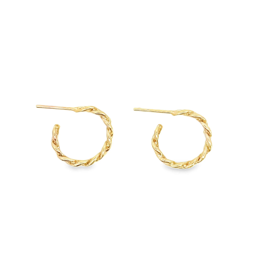 A pair of small, twisted gold hoop earrings rest against a clean white background.