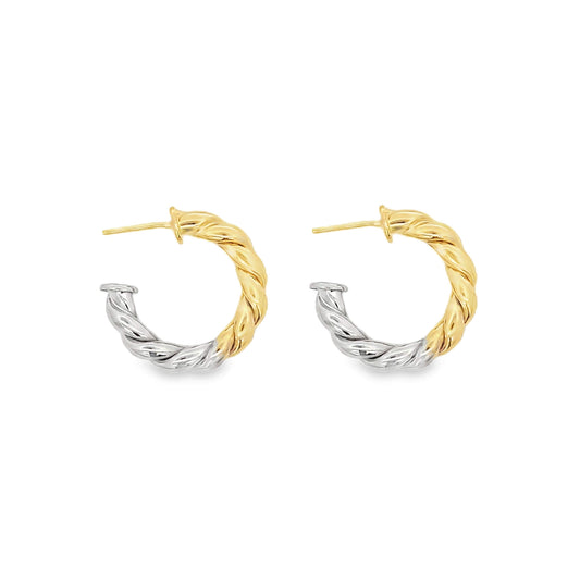 Two twisted half-hoop earrings showcase a striking two-tone design featuring yellow gold and silver sections.