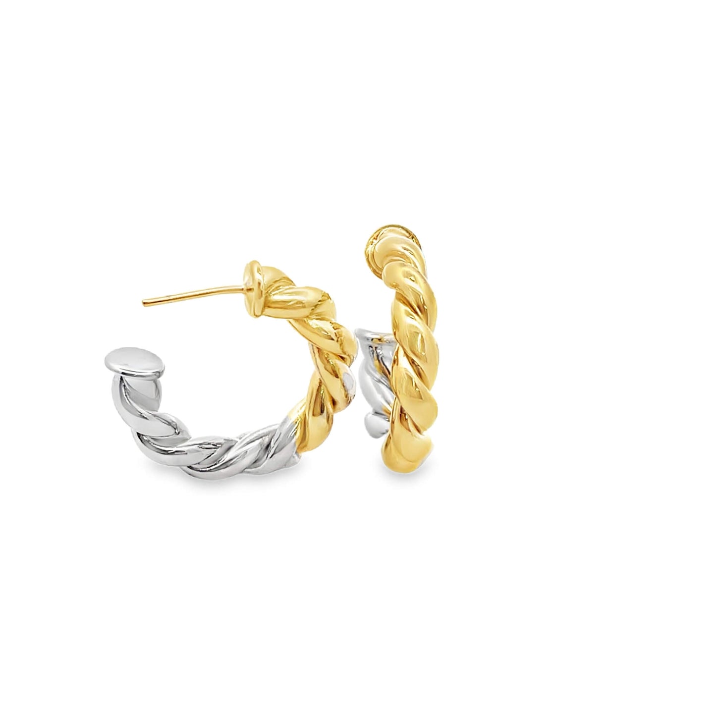 Two-tone twisted hoop earrings showcase a gleaming combination of yellow gold and silver metal against a clean white background.