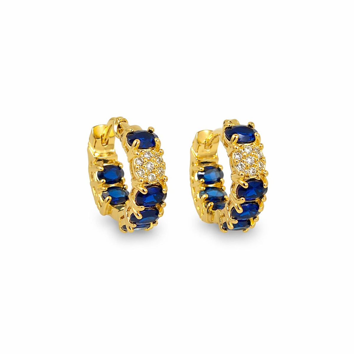 18K gold filled huggie earrings with pavé and gemstone details. Tarnish-resistant, hypoallergenic and perfect for everyday wear.